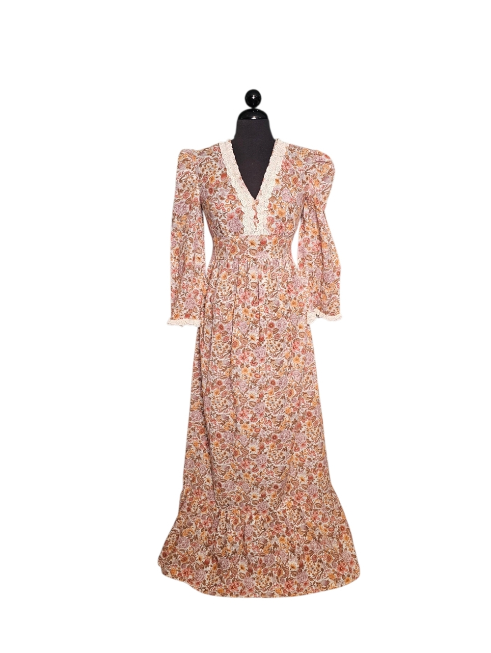 Vintage 70s Cottagecore Floral Lace-Trim Bell Sleeve Maxi Dress sz S Women's - Picture 4 of 7